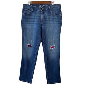 Eddie Bauer Women Dark Wash Denim Boyfriend Relaxed Distressed Patched Jeans 14